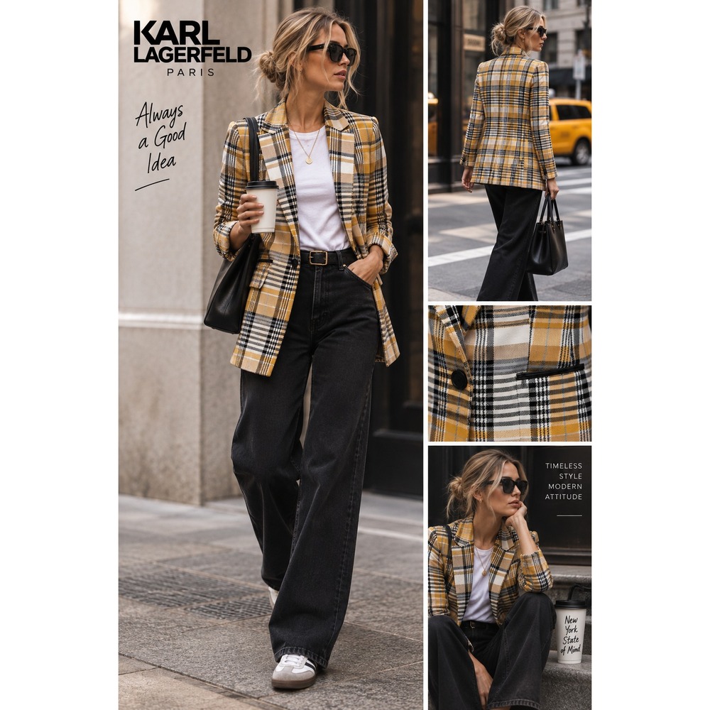 Karl Lagerfeld Paris Womens 2 Plaid Blazer Jacket Yellow Black Longline